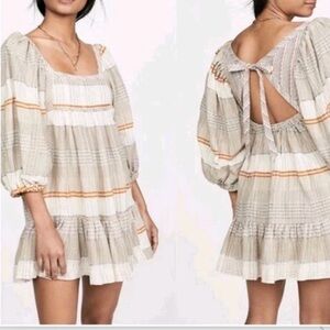 Free People Mini Dress Sz XL Cozy Striped Peasant Strappy Open Back Ivory Combo